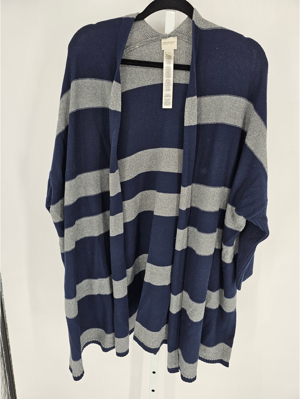 Zenergy by Chicos Womens Sz L/XL Knee Length Cardigan Sweater Blue Gray Striped